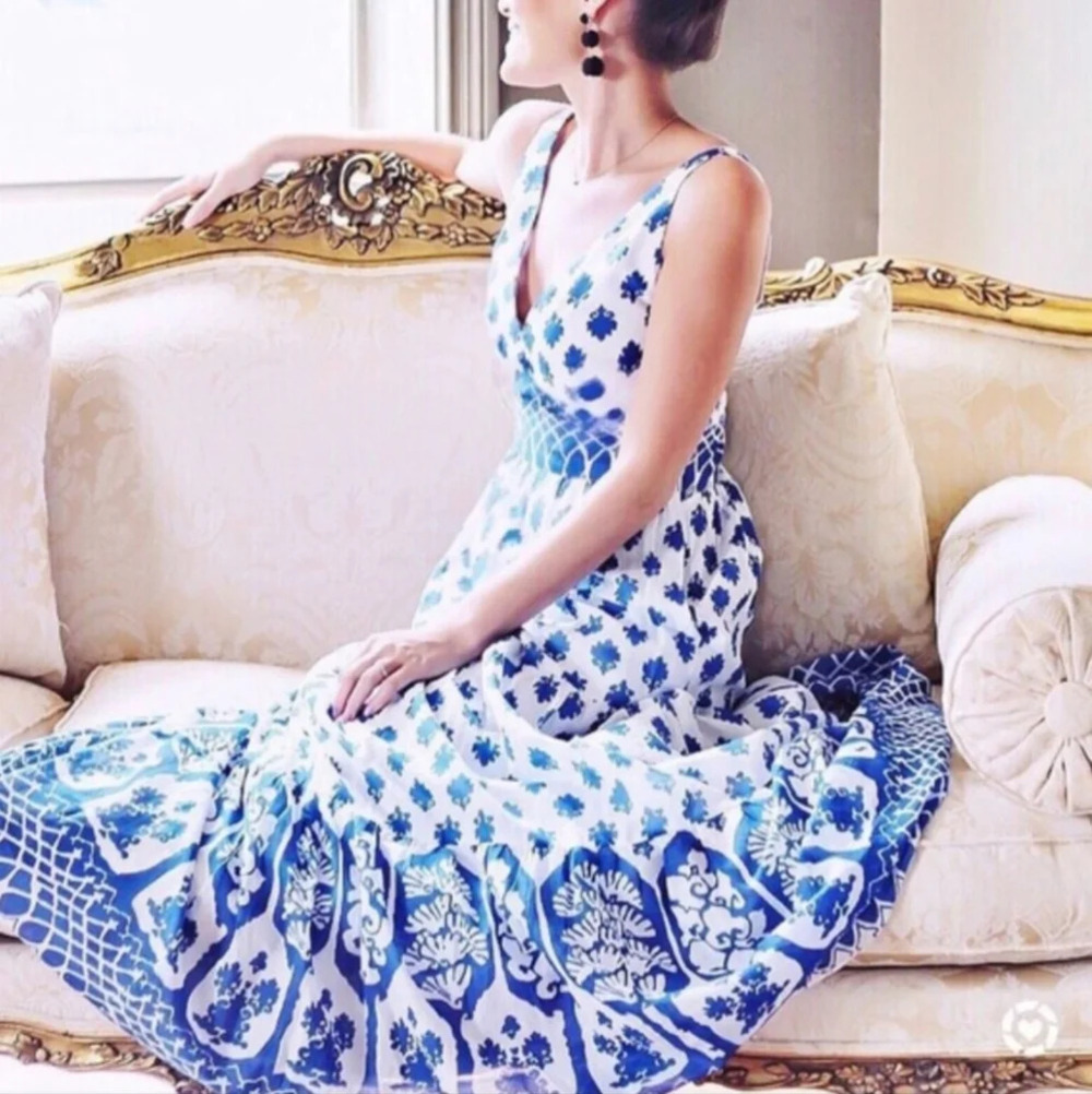 J Crew Santorini Blue White Tile Print Cotton Maxi Dress Size 00 - Picture 10 of 16